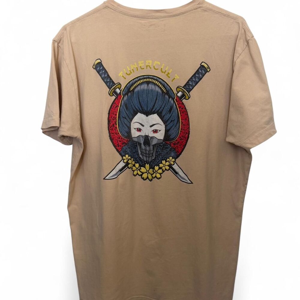 Tan gym t-shirt with cool graphic design